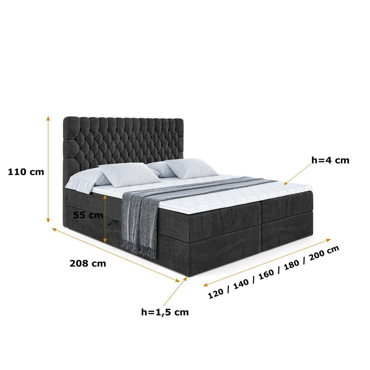 BOXBETT mit Matratze H4 und Lattenrost - SERENE - 140x200 - H4 - Schwarz - Anthrazit, Holzwerkstoff (140/200cm) - ALTDECOR