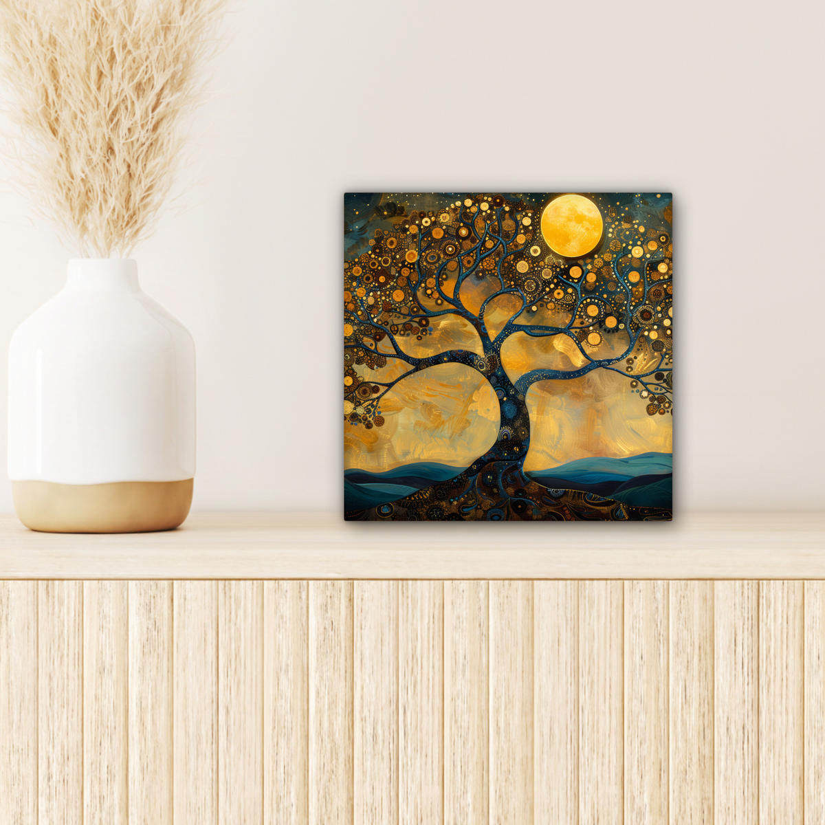 LEINWANDBILD Baum - Mond - Blumen - Gold - Kunst Deko Wohnzimmer 20x20 cm - Orange, Textil (20/20cm) - MuchoWow