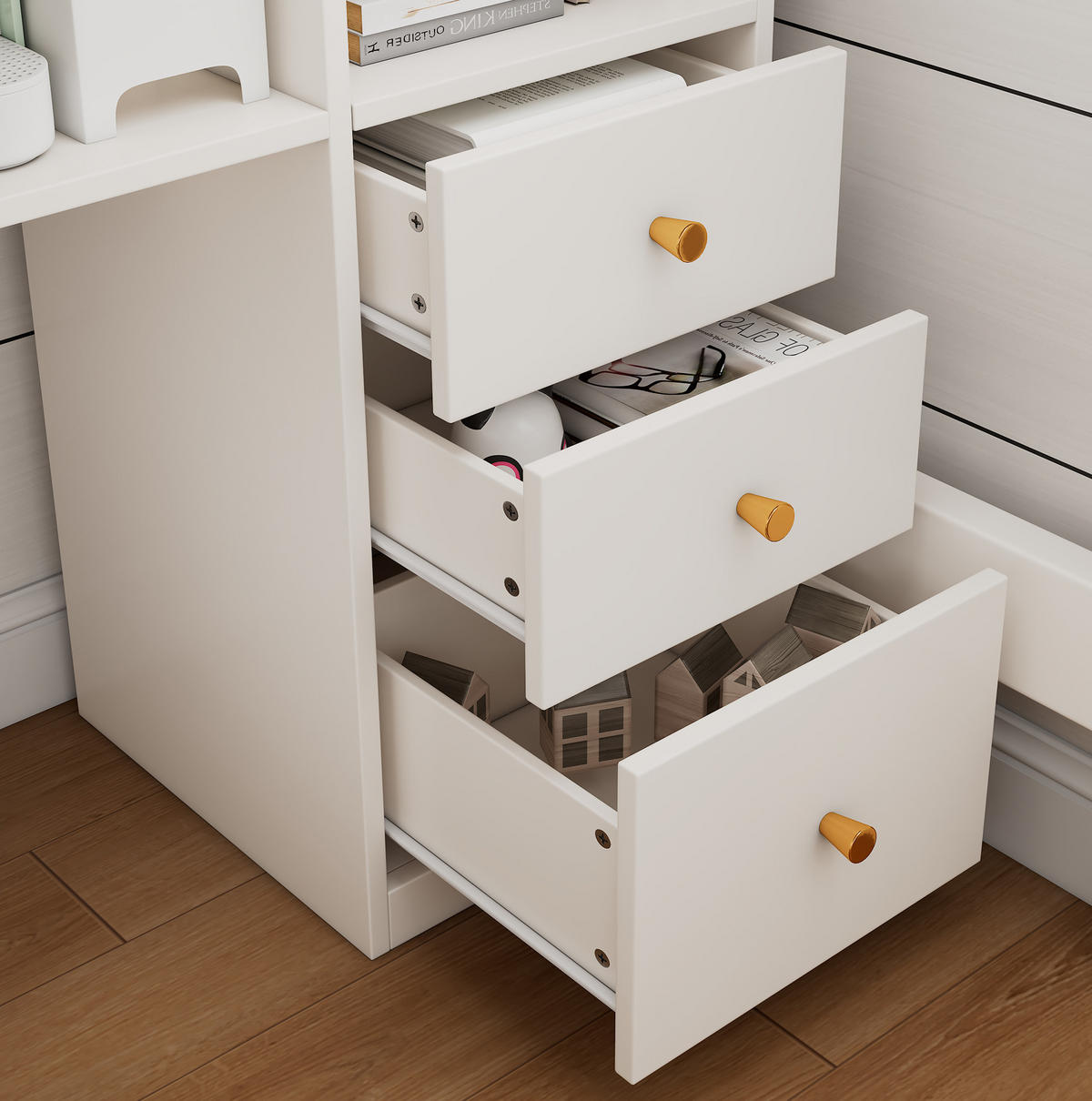 HOCHBETT 90/200 cm aus Holzwerkstoff und Massivholz mit Schreibtisch, Regalen, Schubladen und USB/Typ-C Weiß - Weiß, Holzwerkstoff (90/200cm) - Modenvie
