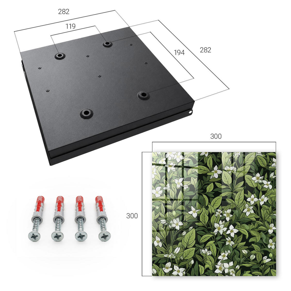 SCHLÜSSELBOX Schwarz 30x30 cm- Türöffnung nach rechts - Pflanzenmotiv - Grün, Metall (30/30/5cm) - TULUP