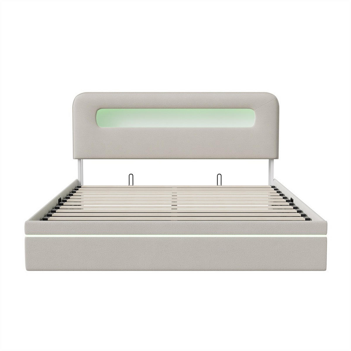 POLSTERBETT 160x200cm mit hydraulischer Hebefunktion und LED-Beleuchtung - ohne Matratze - Beige - Beige, Textil (160/200cm) - DELFA