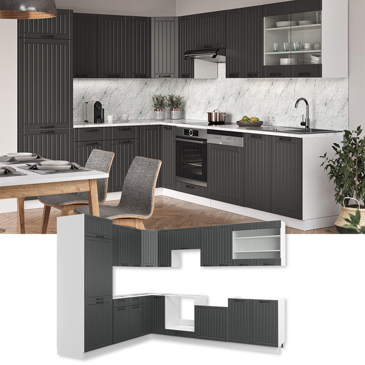 ECKKÜCHE Fame-Line Anthrazit Landhaus/Weiß 227 x 287 cm, AP Anthrazit - Dunkelgrau/Weiß, Holzwerkstoff (287/81.6/60cm) - Vicco