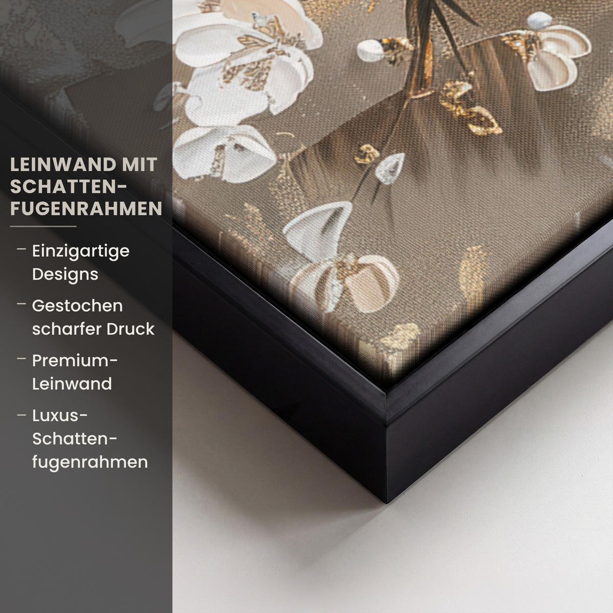 LEINWAND Bilder mit Rahmen - Blumen - Weiß - Gold - Beige - Luxus - 50x50 - Greige, Textil (50/50cm) - MuchoWow