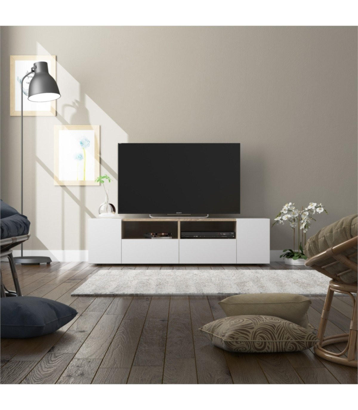 TV-MÖBEL mit 4 Türen und 2 Aufbewahrungsnischen Tamiko - L138 cm - Weiß, Holzwerkstoff (42/36/138cm) - Calicosy