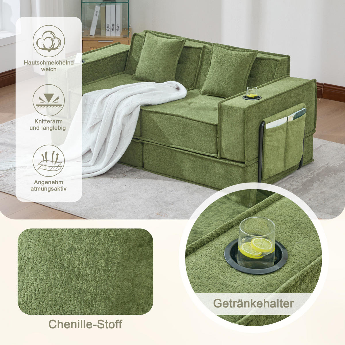 2-SITZER-SOFA aus Chenille 162x78x66 cm Grün mit 2 Kissen, Seitentaschen und modularem Design - Grün, Textil (162/66/78cm) - Modfu