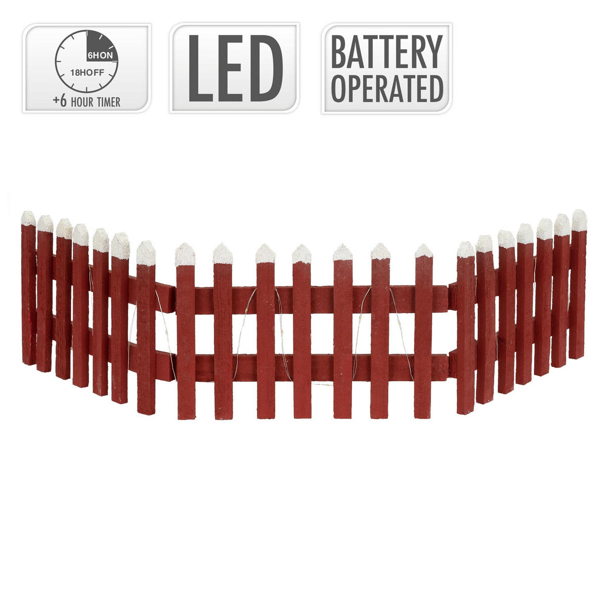 DEKO HOLZ ZAUN Rot mit LED Warmweiß 90x21 cm batteriebetrieben & Timer - Rot, Holz (2/21/90cm) - ECD-Germany