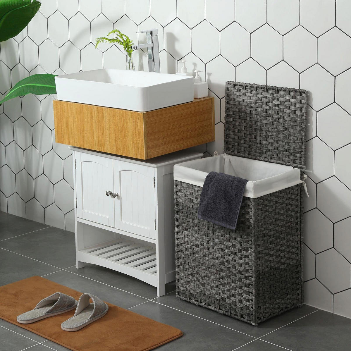WÄSCHEKORB AUS POLYRATTAN - Grau, Kunststoff (33/60/46cm) - Hansiro