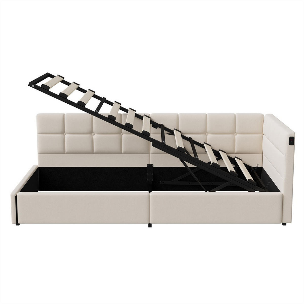 POLSTERBETT 90x200 cm mit LED und hydraulischer Hebefunktion - ohne Matratze - Creme - Creme, Textil (90/200cm) - DELFA