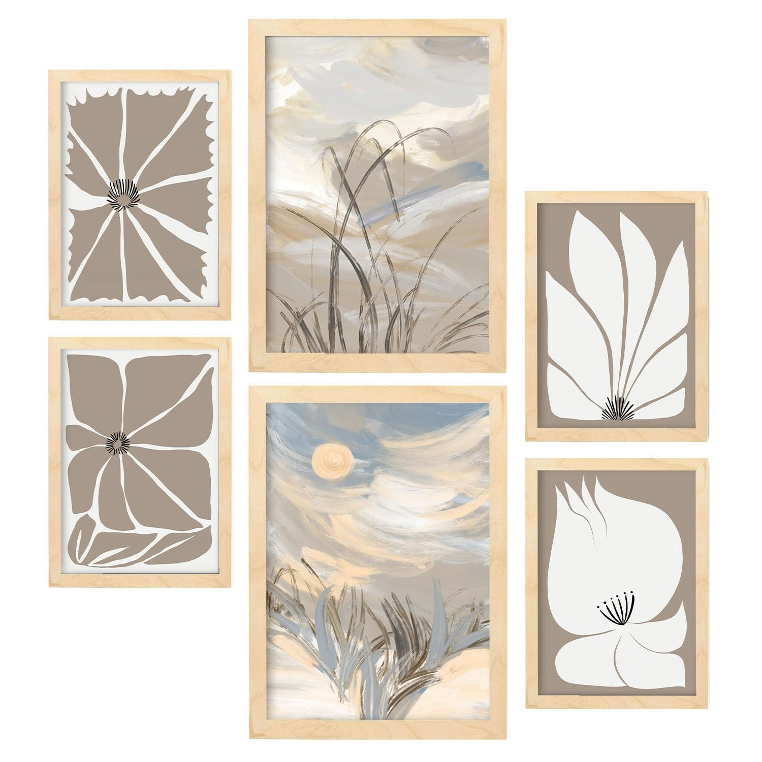 POSTER Set Mit 6 Latente Natur In Kulissen Abstracts Ästhetische Dekorative Gemälde Für Ihr Wohnzimmer Zuhause A3 & A4 Rahmen Aus Hellem Holz - Beige, Papier (29/3cm) - Nacnic