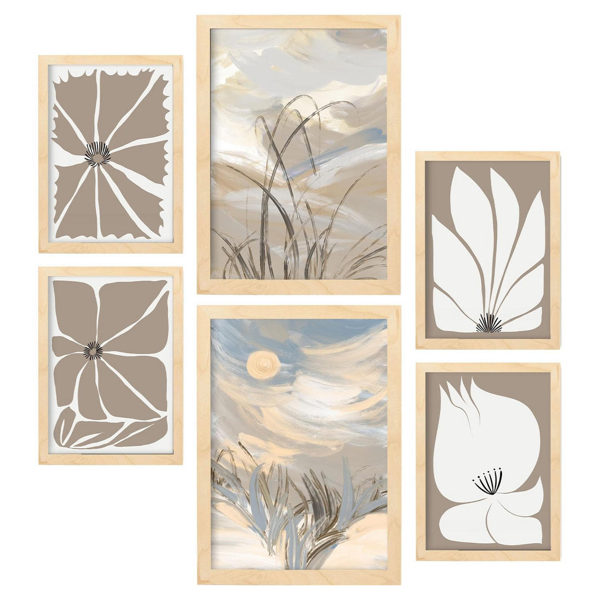 POSTER Set Mit 6 Latente Natur In Kulissen Abstracts Ästhetische Dekorative Gemälde Für Ihr Wohnzimmer Zuhause A3 & A4 Rahmen Aus Hellem Holz - Beige, Papier (29/3cm) - Nacnic