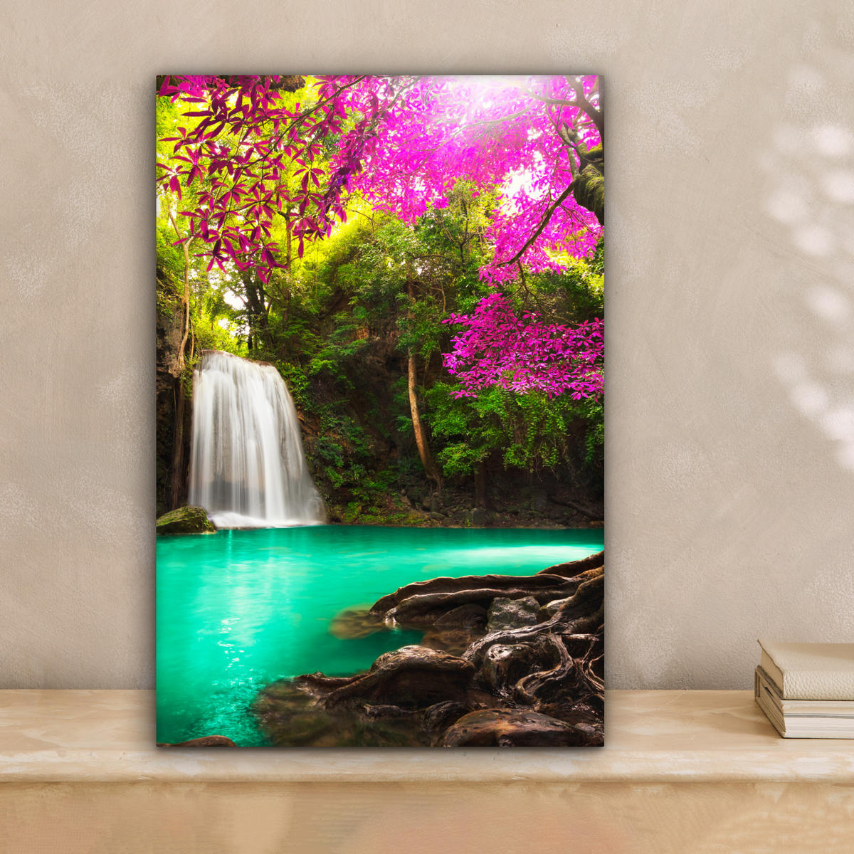 LEINWANDBILD Wasserfall mit bunten Blumen und Bäumen - Natur - Dschungel 20x30 cm - Waldgrün, Textil (20/30cm) - MuchoWow