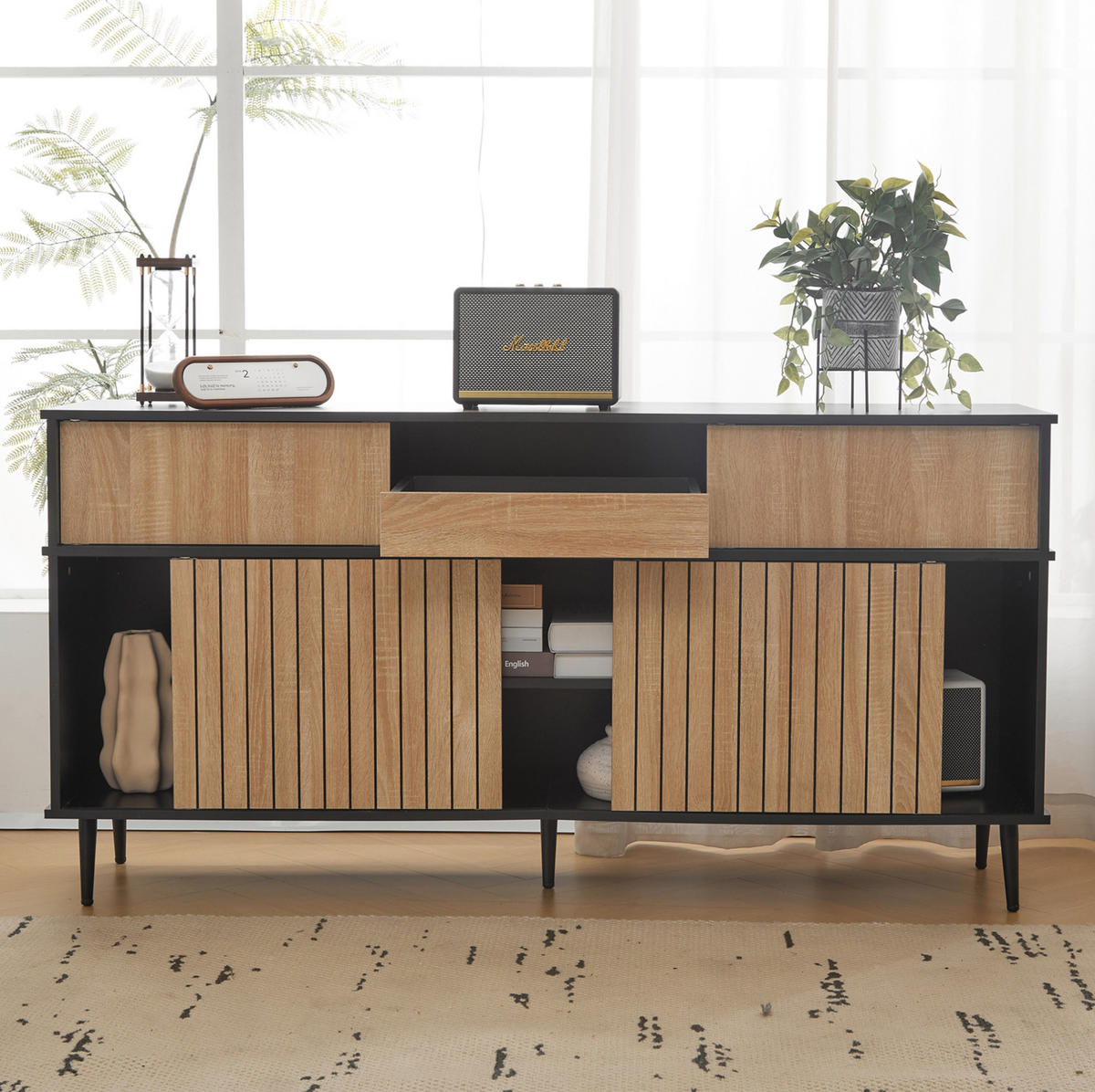 KOMMODE 160/40/80 cm aus Spanplatte mit 4 Schiebetüren und 1 Schublade Schwarz/Natur - Schwarz, Holzwerkstoff (160/80/40cm) - Modenvie