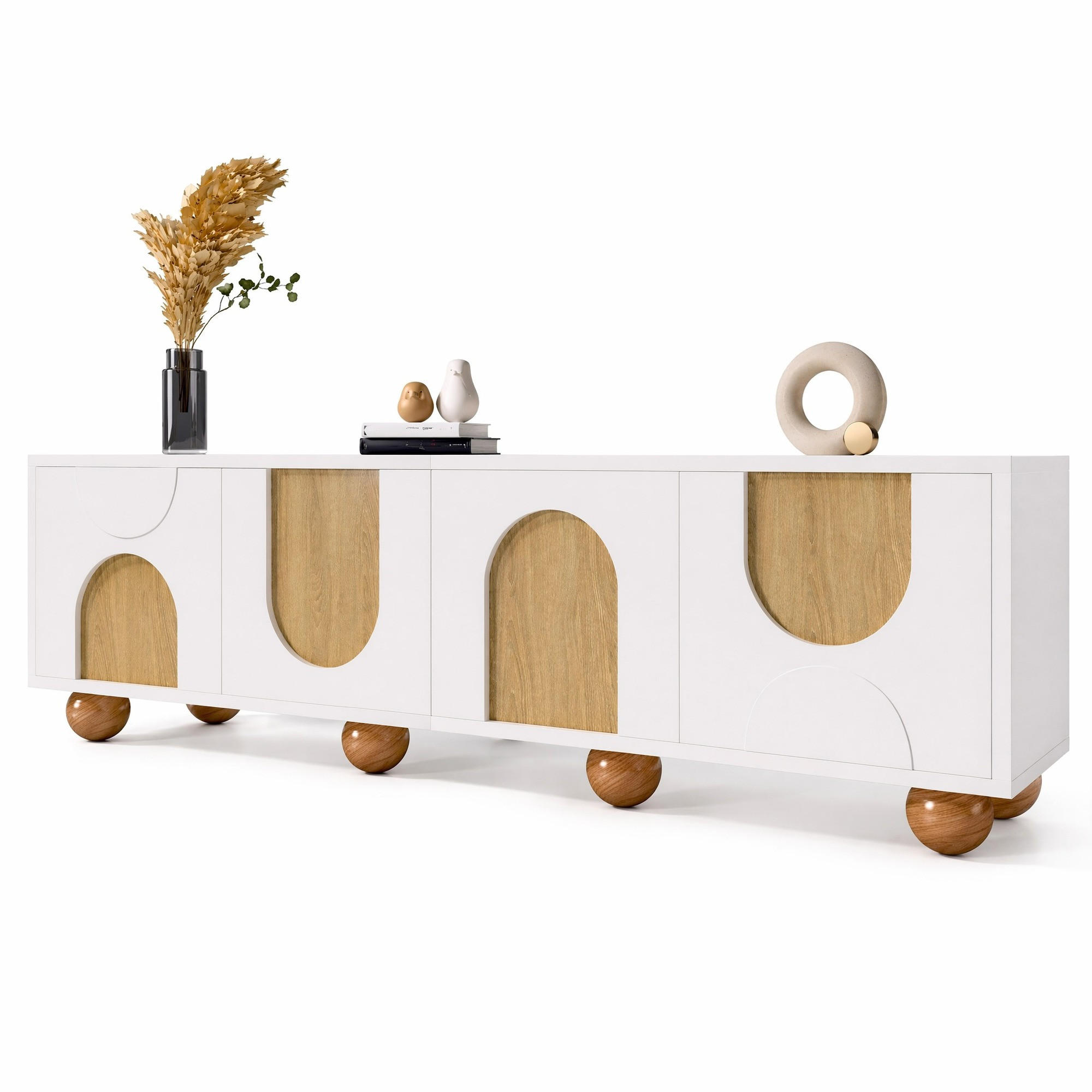 LOWBOARD in Naturfarben und Weiß TV-Schrank mit vier Türen für Wohnzimmer, B175/T38/H50 cm - Naturfarben/Weiß, Holzwerkstoff/Metall (175/50/38cm) - STILVORA