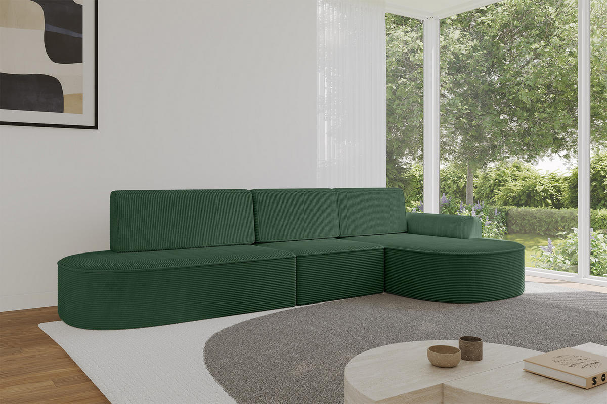 ECKSOFA mit Schlaffunktion Ottomane RECHTS MARI L2-S 368X167X85 Grün Cord - Dunkelgrün/Schwarz, Holzwerkstoff/Kunststoff (167/368cm) - ALTDECOR