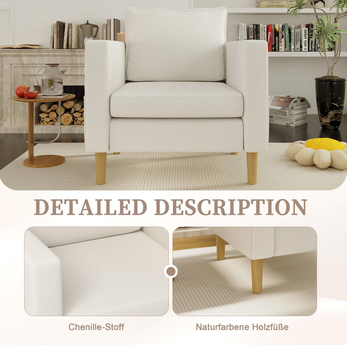 SESSEL 71/68/82 cm in Beige aus Chenille mit Seitentaschen - Beige, Textil (71/82/68cm) - BEAOK