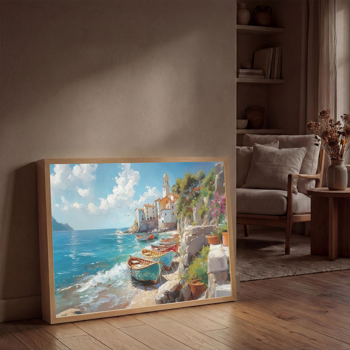 NÁSTĚNNÁ LAMPA S AKUMULÁTOREM Lodě - skály - moře - slunce 90x60 cm - modrá, kompozitní dřevo (90/60/8cm) - OnlyWow