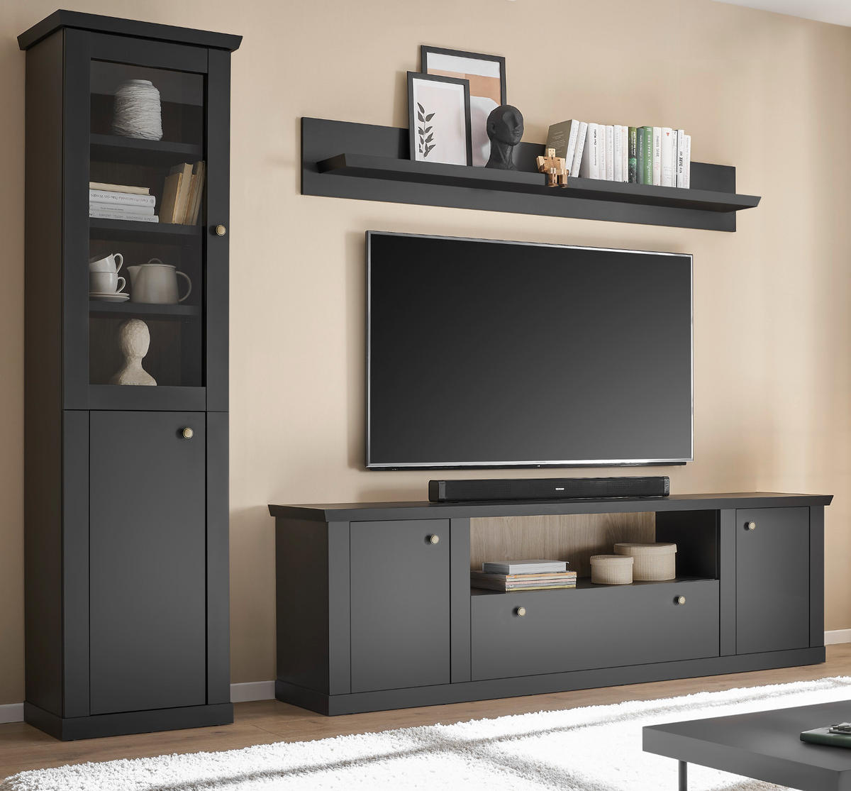 WOHNWAND schwarz matt, Eiche 3-teilig 270 cm, Wohnkombination mit Soft-Close - Eichefarben/Messingfarben, Glas/Holzwerkstoff (270/200/42cm) - Furn.Design