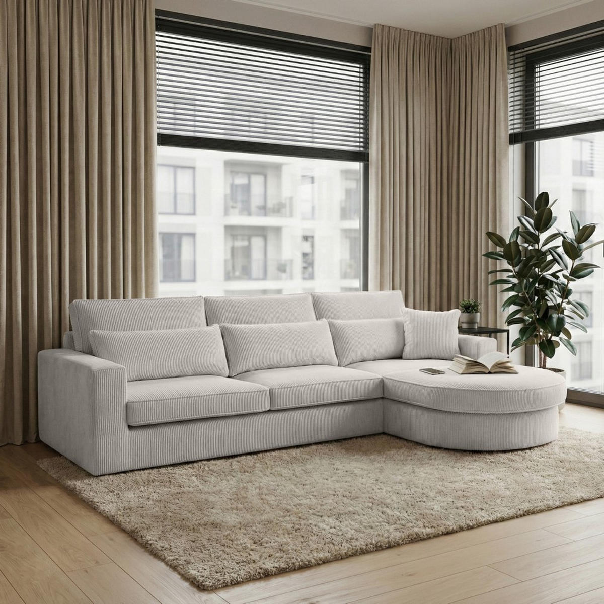 ECKSOFA Pablo ohne Schlaffunktion, mit abgerundeter Ottomane, rechts, Graubeige - Hellgrau, Textil (319/196cm) - Beautysofa