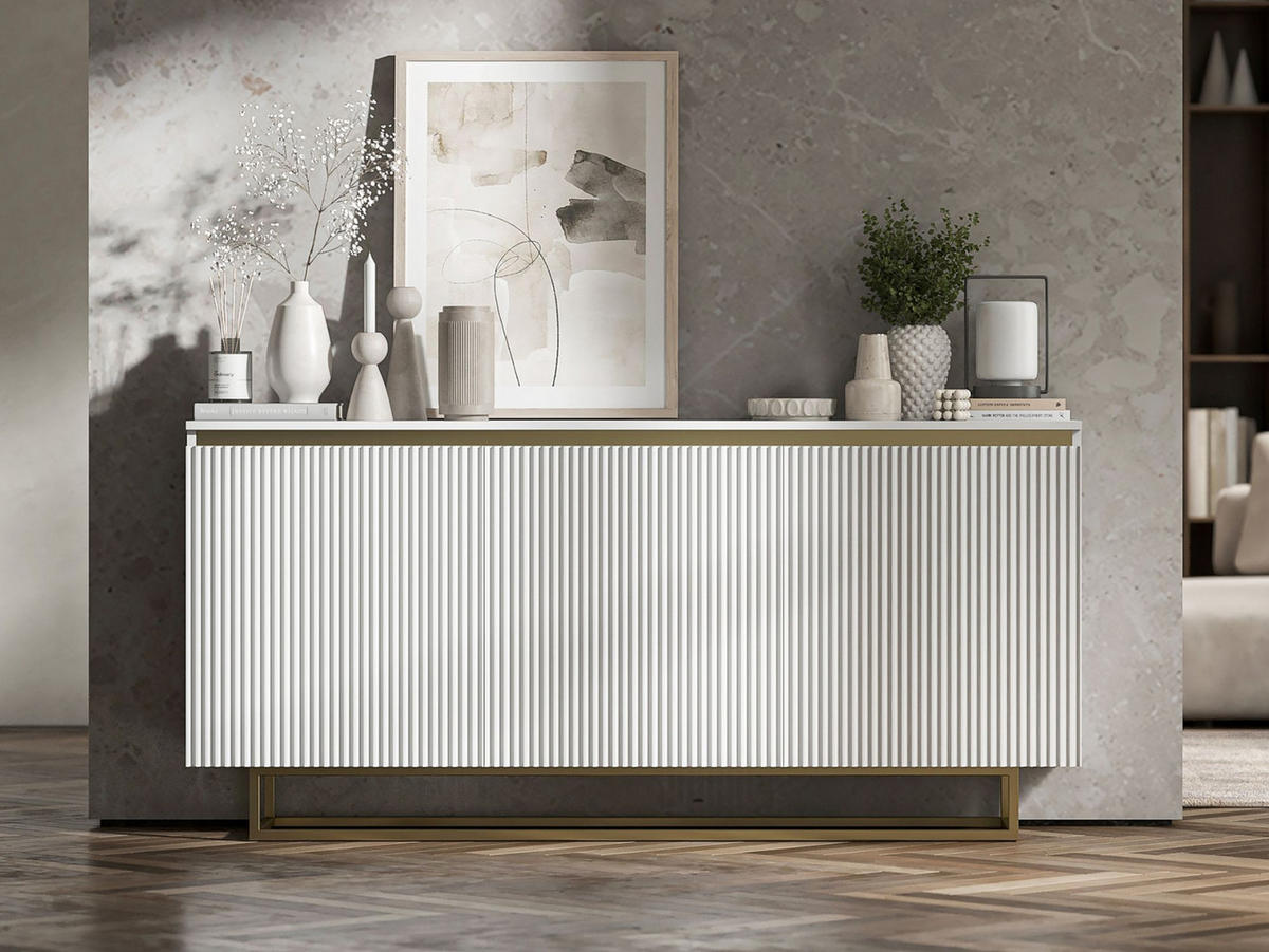SIDEBOARD Selene 3D Weiß Matt mit geriffelten Fronten Glamour 167 cm - Goldfarben/Weiß, Holzwerkstoff/Metall (167/79/35cm) - Meble Lindner