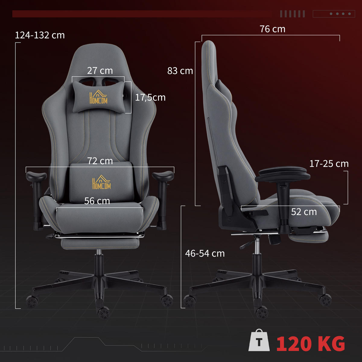 GAMING-STUHL Polyester Stahl Dunkelgrau - Dunkelgrau, Textil (72/132/76cm) - HOMCOM