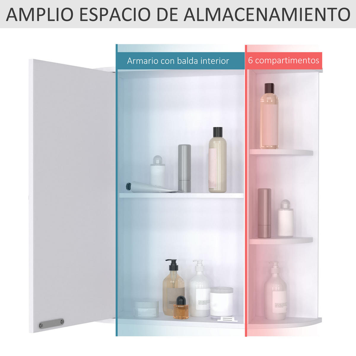 SPIEGELSCHRANK mit 1 Tür,2 Einlegeböden innen und 6 Seitenablagen,66x17x63cm (Weiß) - Weiß, Glas (66/63/17cm) - Vallsero