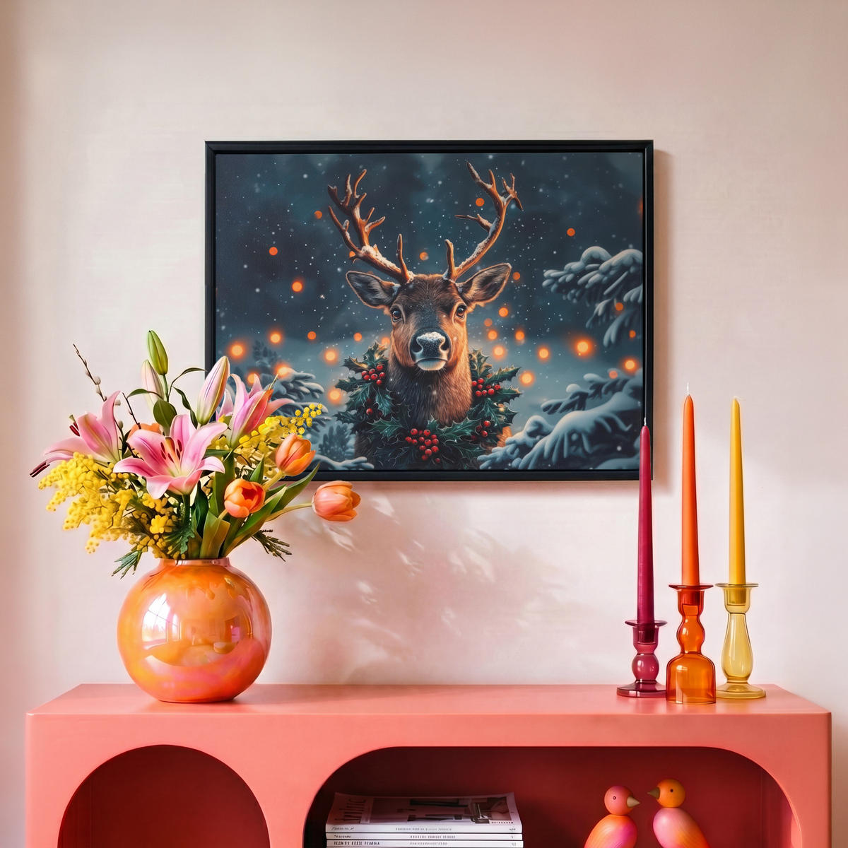 LEINWAND Bilder mit Rahmen - Hirsch - Weihnachten - Winter - Schnee - Weihnachtskranz - 40x30 - Dunkelbraun, Textil (40/30cm) - MuchoWow
