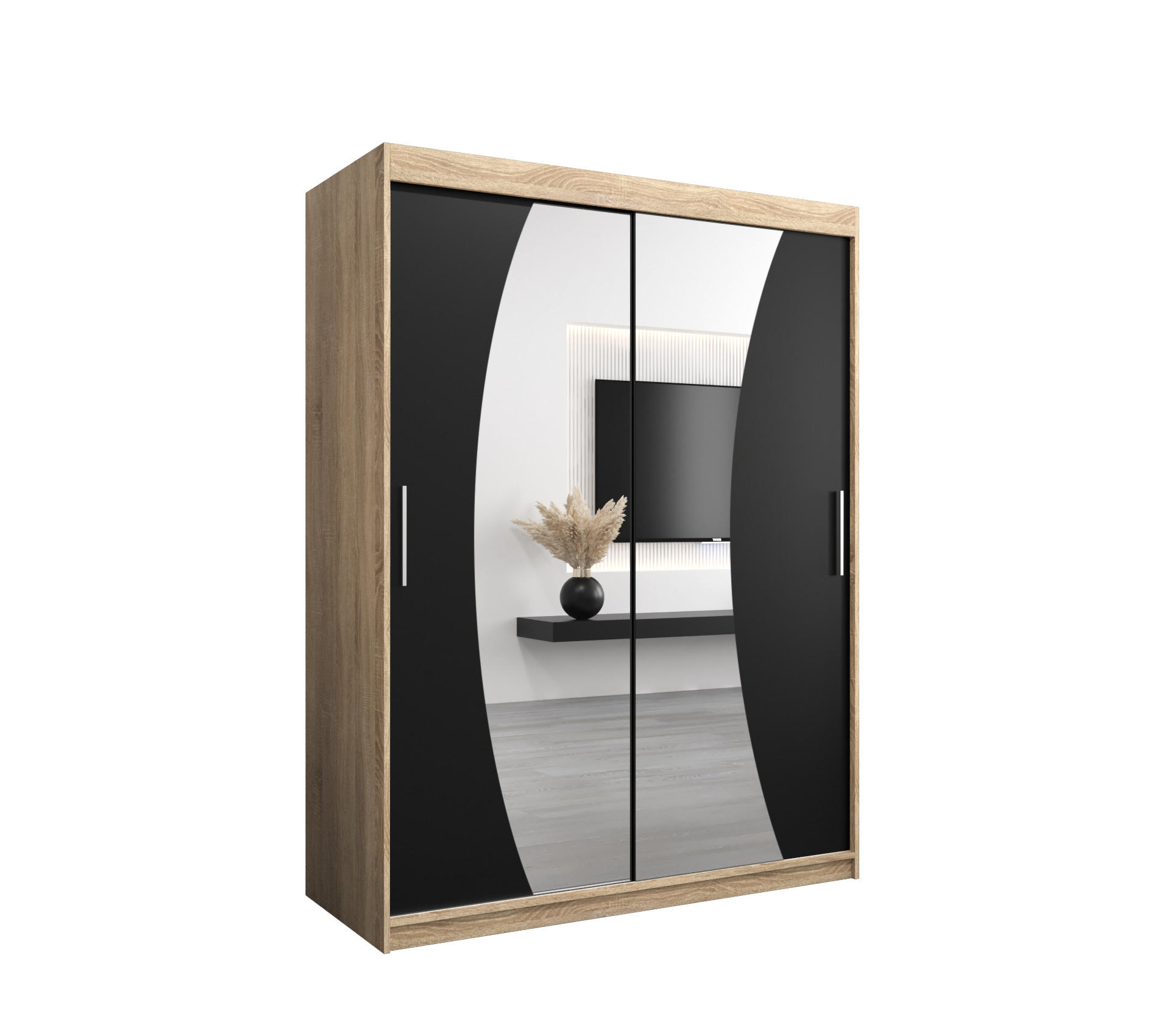 Abiks Möbel Schwebetürenschrank Sonoma Eiche, Schwarz 150x200x62 cm
