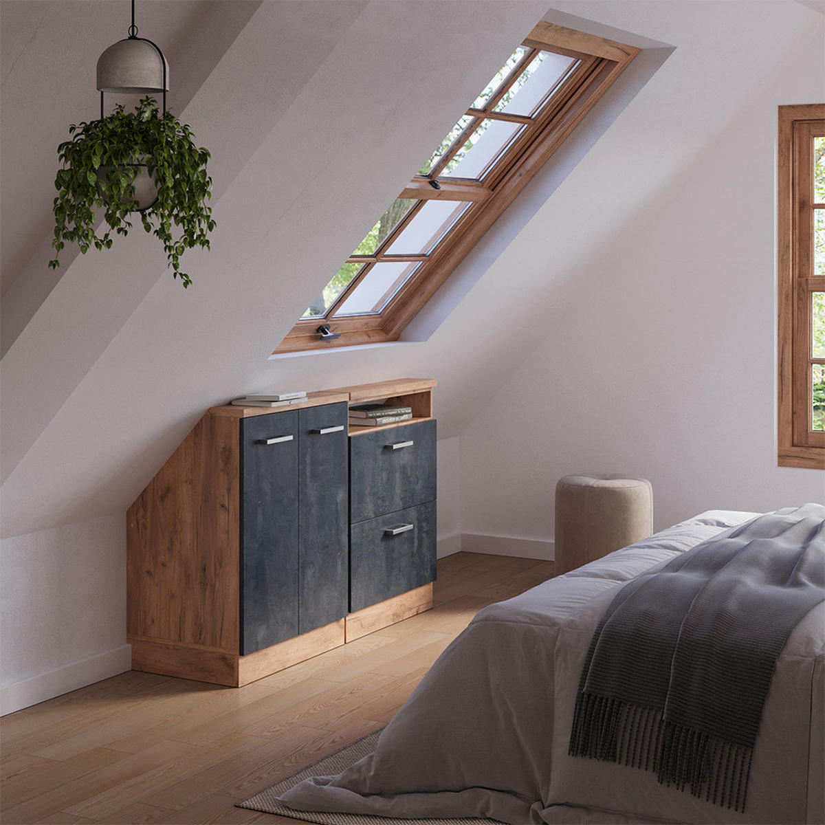 KUCHYŇSKÁ SKŘÍŇKA POD ŠIKMOU STŘECHU R-Line Černý beton/zlatý dub - medově dubová/černá, kompozitní dřevo (120/81.6/46cm) - Vicco