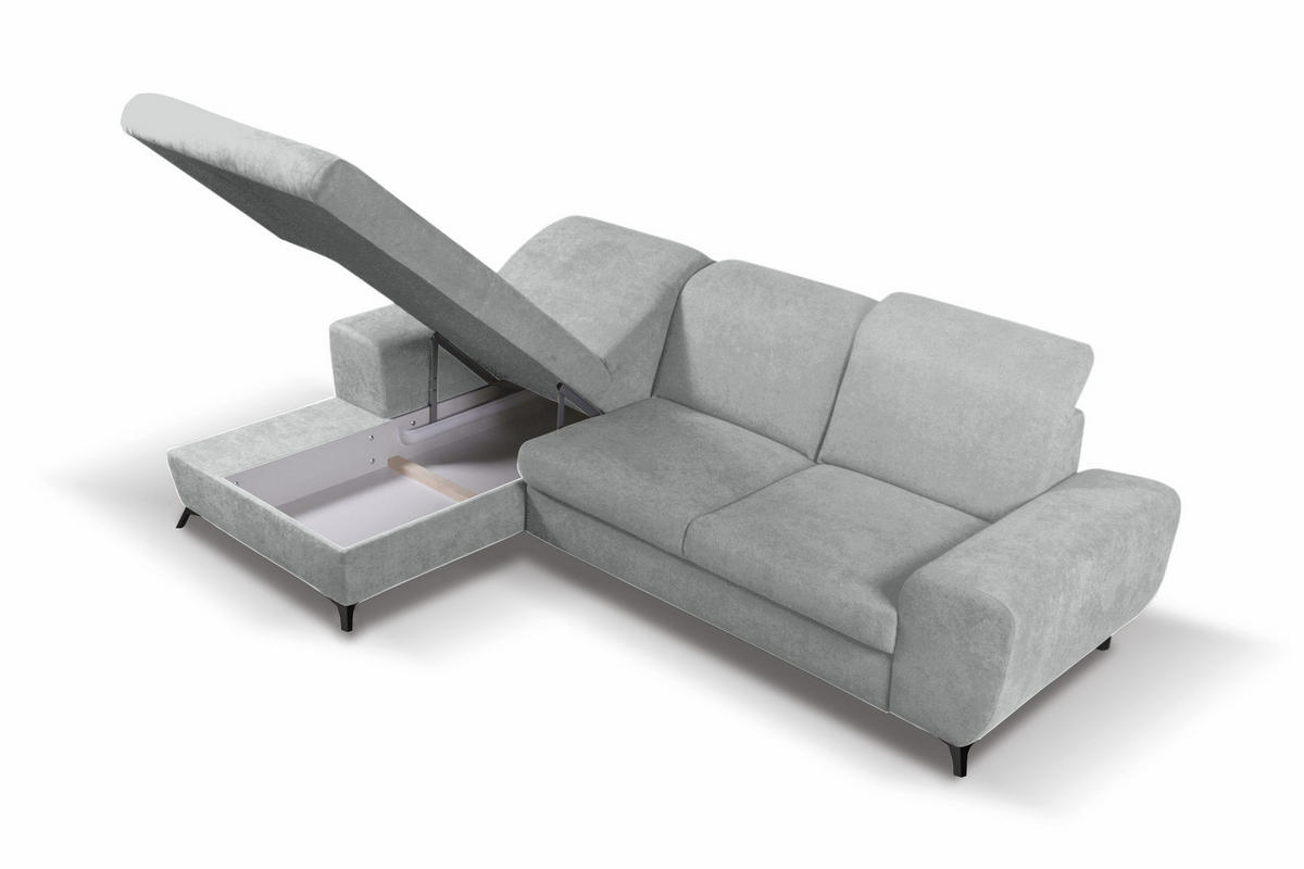 ECKSOFA LUCE L-S Grau Plüsch-Stoff mit Schlaffunktion - Grau, Holz (279/172cm) - MASSENO