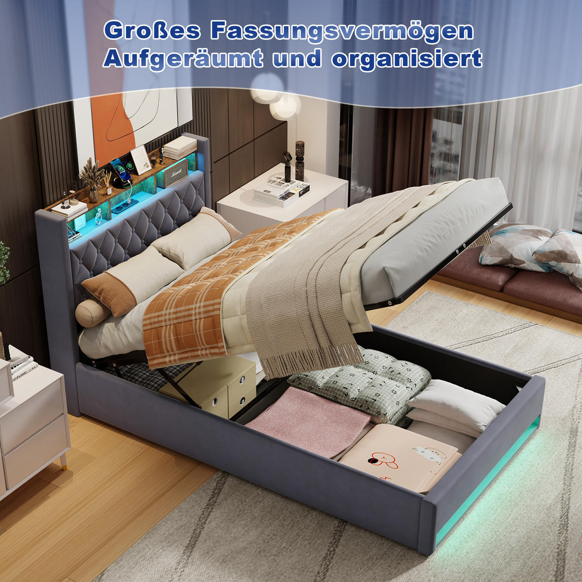 POLSTERBETT 140/190 cm in Grau Samt mit Bettkasten, LED-Beleuchtung und USB-Anschluss - Grau, Holzwerkstoff/Textil (140/190cm) - CHICFURN