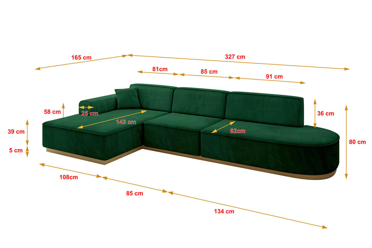 ROHOVÁ SEDAČKA s otomanem, levá IREA-L2-v2 327x165x80 Zelená Velur - černá/zelená barva, kompozitní dřevo/textil (328/171cm) - ALTDECOR