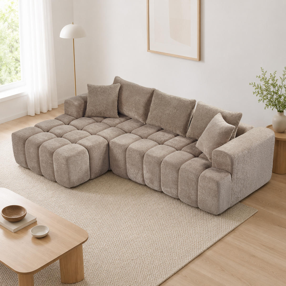 ECKSOFA L-Form 3-Sitzer in Taupe aus Samt mit linker Chaiselongue - Taupe, Textil (250/160cm) - CHICFURN