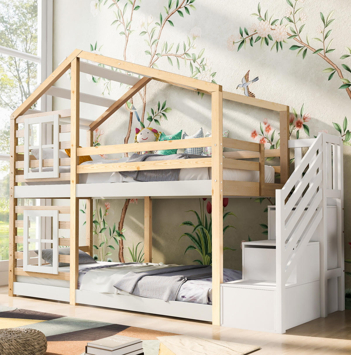 ETAGENBETT aus Kiefer-Massivholz und MDF 90x200 cm in Natur & Weiß mit Stauraum - Weiß, Holzwerkstoff (90/200cm) - Modfu