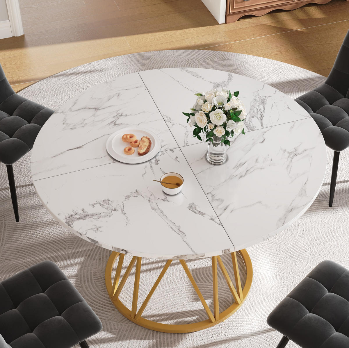 ESSTISCH 100/100/76 cm in Gold mit MDF-Tischplatte in Marmoroptik - Goldfarben, Holzwerkstoff (100/100/76cm) - Flora Grace