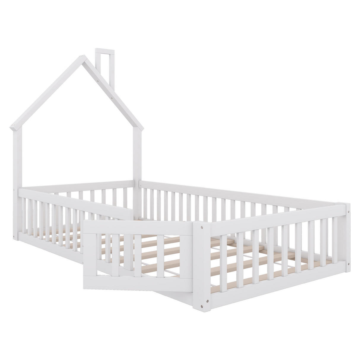HAUSBETT 90/200 cm Weiß aus Kiefernholz und MDF mit Sicherheitsgitter - Weiß, Holz (90/200cm) - OKMYHOME