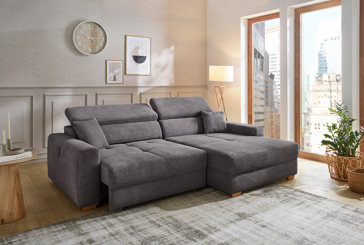 ECKSOFA mit elektrischer Sitztiefenverstellung, Kopflehnen verstellbar, USB-A und USB-C Ladefunktion B277/T187/H109 cm, Cord Grau Anthrazit / 15402 - Schieferfarben/Eichefarben, Eichenholz/Textil (277/187cm) - luma-home