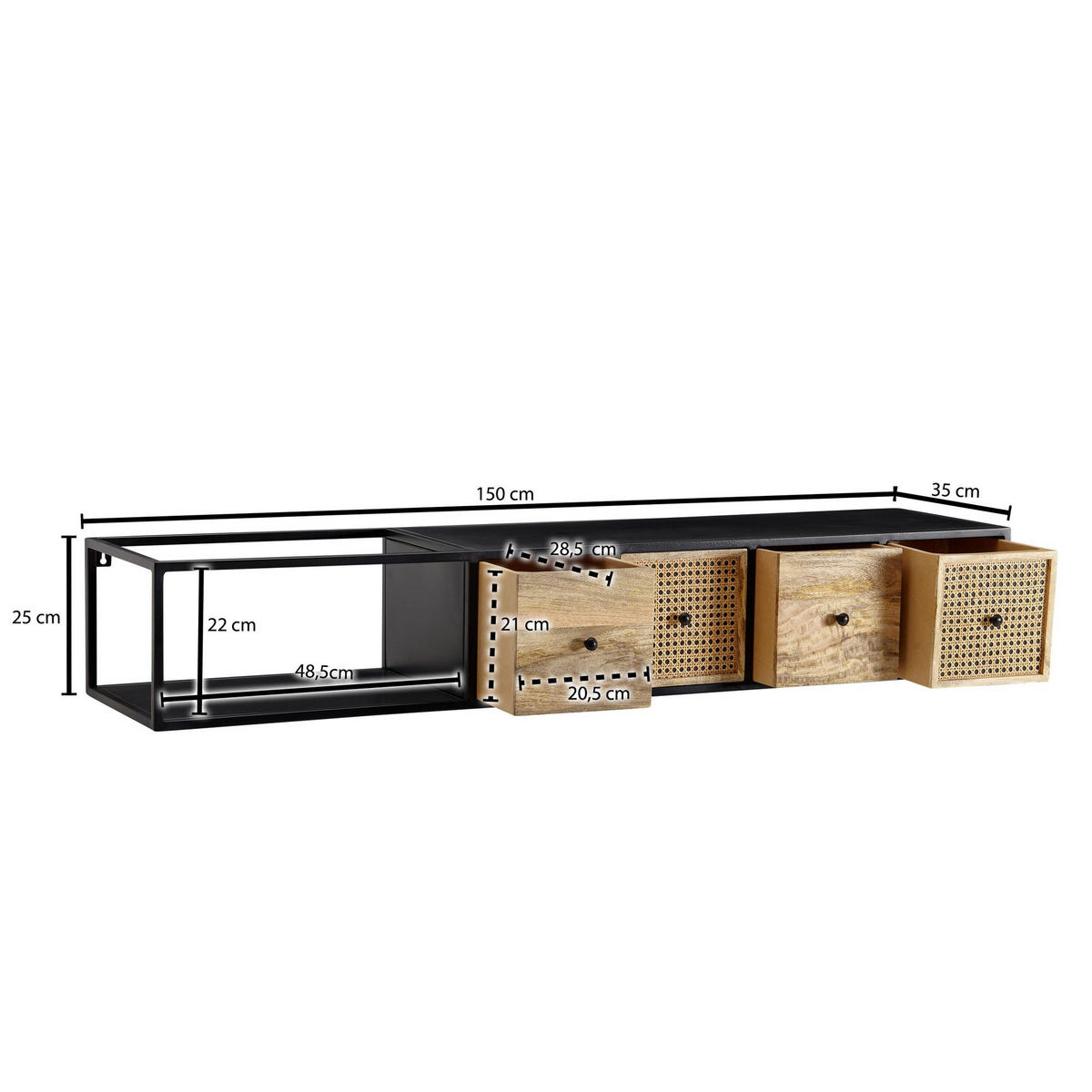 LOWBOARD Hängend Mango Massivholz Metall Modern Stil mit Schubladen und Rattan-Fronten - Schwarz, Holz/Metall (150/25/35cm) - KADIMA DESIGN
