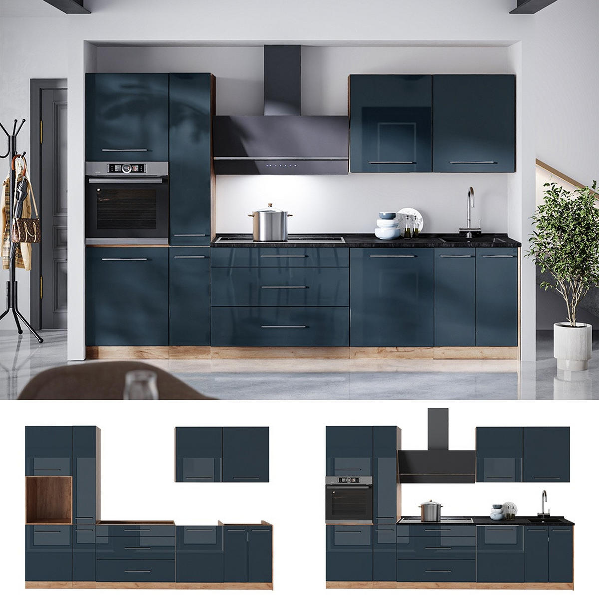 KÖK Fame-Line, Mörkblå högblank/Goldkraft ek, 310 cm, AP Antracit - Honungsek/Mörkblå, Träbaserade material (310/206.8/60cm) - Vicco