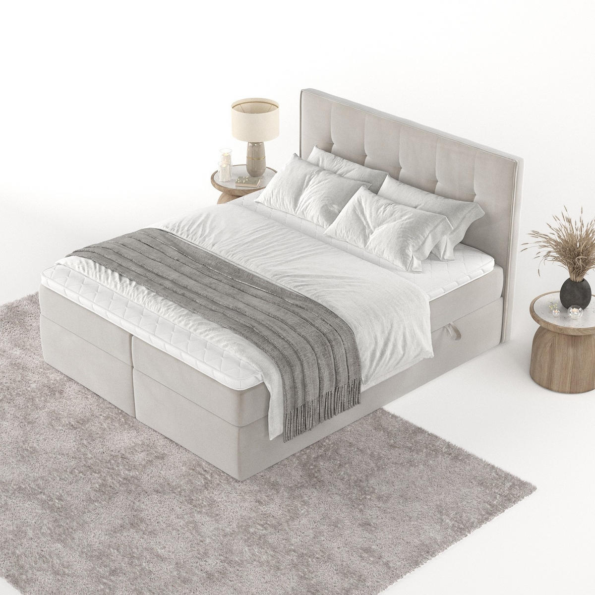 BOXBETT Mireo 140/200 cm Hellbeige im Paros Stoff - Beige/Schwarz, Holz/Holzwerkstoff (140/200cm) - AltaBeds