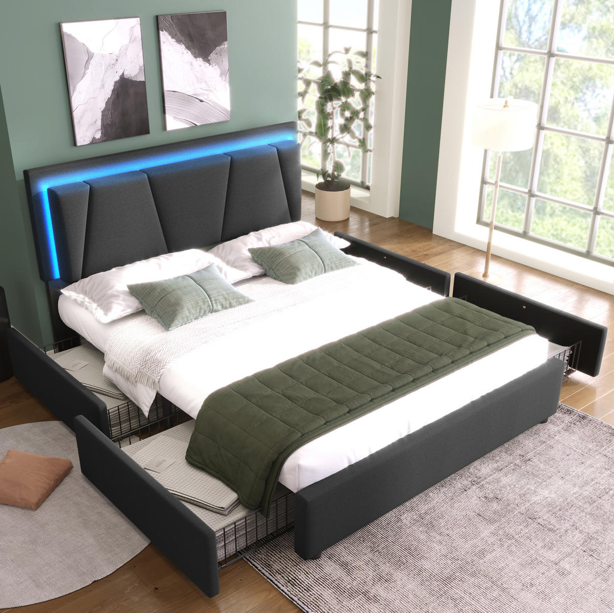 BETT mit LED und 4 Schubladen 140x200 cm Grau - Grau, Holz (140/200cm) - Meubliv