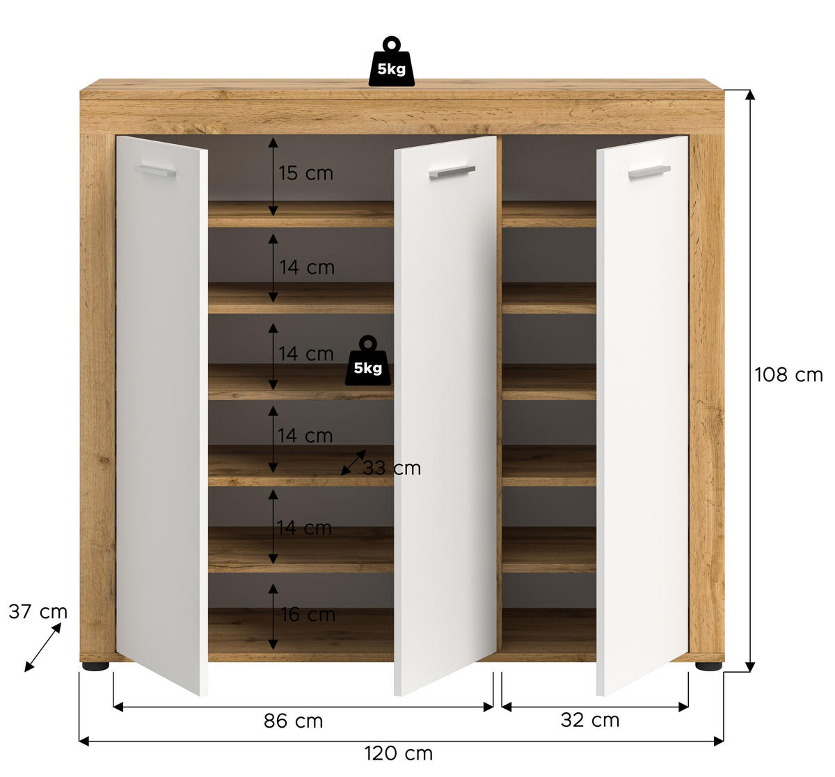 SCHUHSCHRANK JAM (B/H/T: ca. 120/108/37 cm) in Wotan Eiche Nachbildung/weiß - Eichefarben, Holzwerkstoff (120/108/37cm)