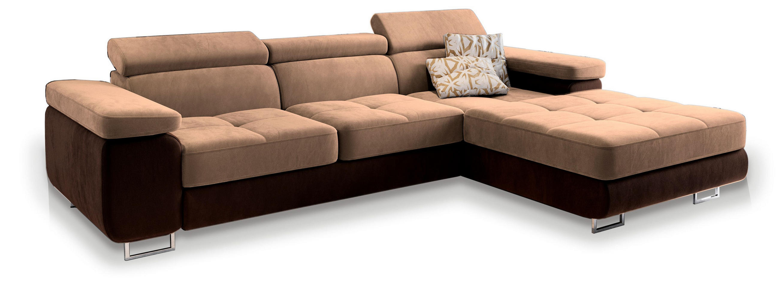 ECKSOFA ELMA R-S Beige Velours-Stoff mit Schlaffunktion - Beige, Holz (280/205cm) - MASSENO