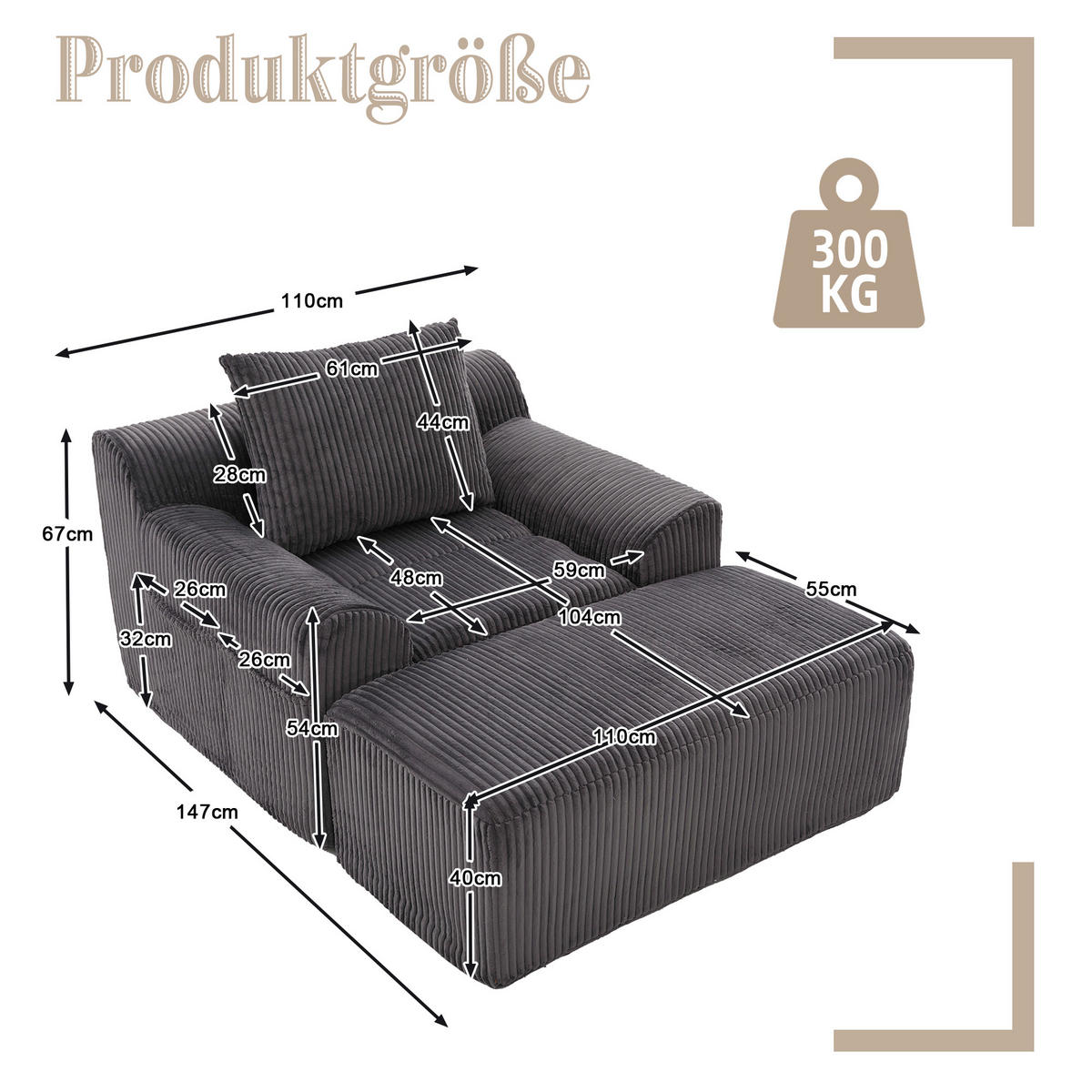 SOFASESSEL mit Fußpedal Kordsamt Dunkelgrau 147/110/67 cm - Dunkelgrau, Textil (147/67/110cm) - OKWISH