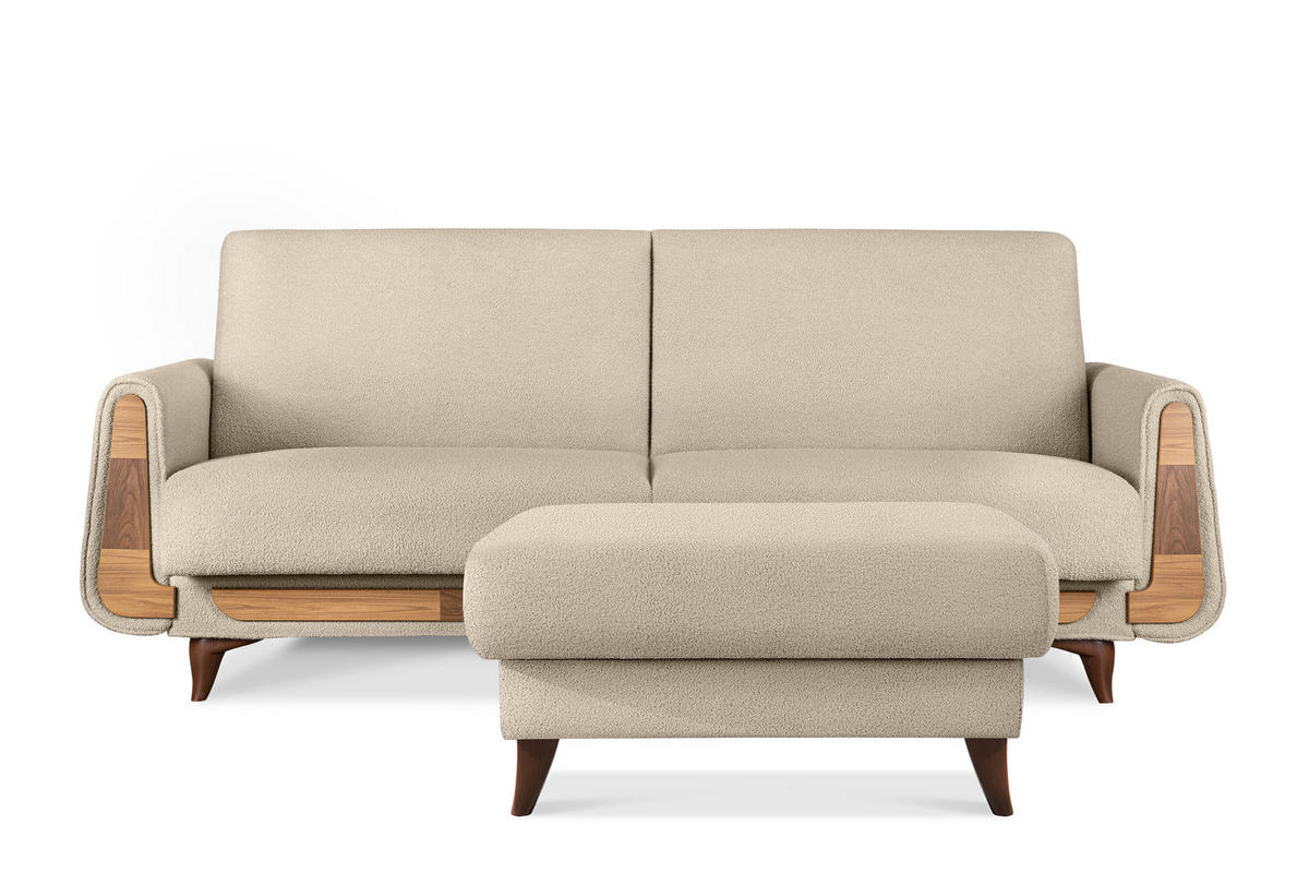 HOCKER GUSTAVO Bouclé, Creme - Creme, Holz/Holzwerkstoff (92/49/92cm) - KONSIMO®