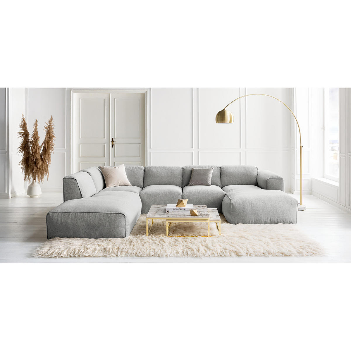 WOHNLANDSCHAFT mit Longchair - Hellgrau/Schwarz, Kunststoff/Textil (325/71/235cm) - home24