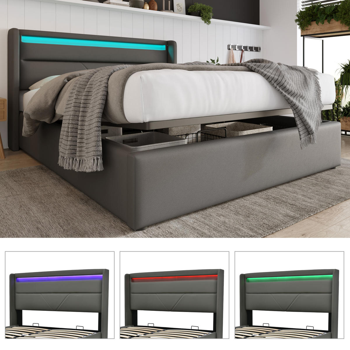 POLSTERBETT mit LED und Bettkasten 140x200 cm PU Grau - Grau, Metall (140/200cm) - Meubliv