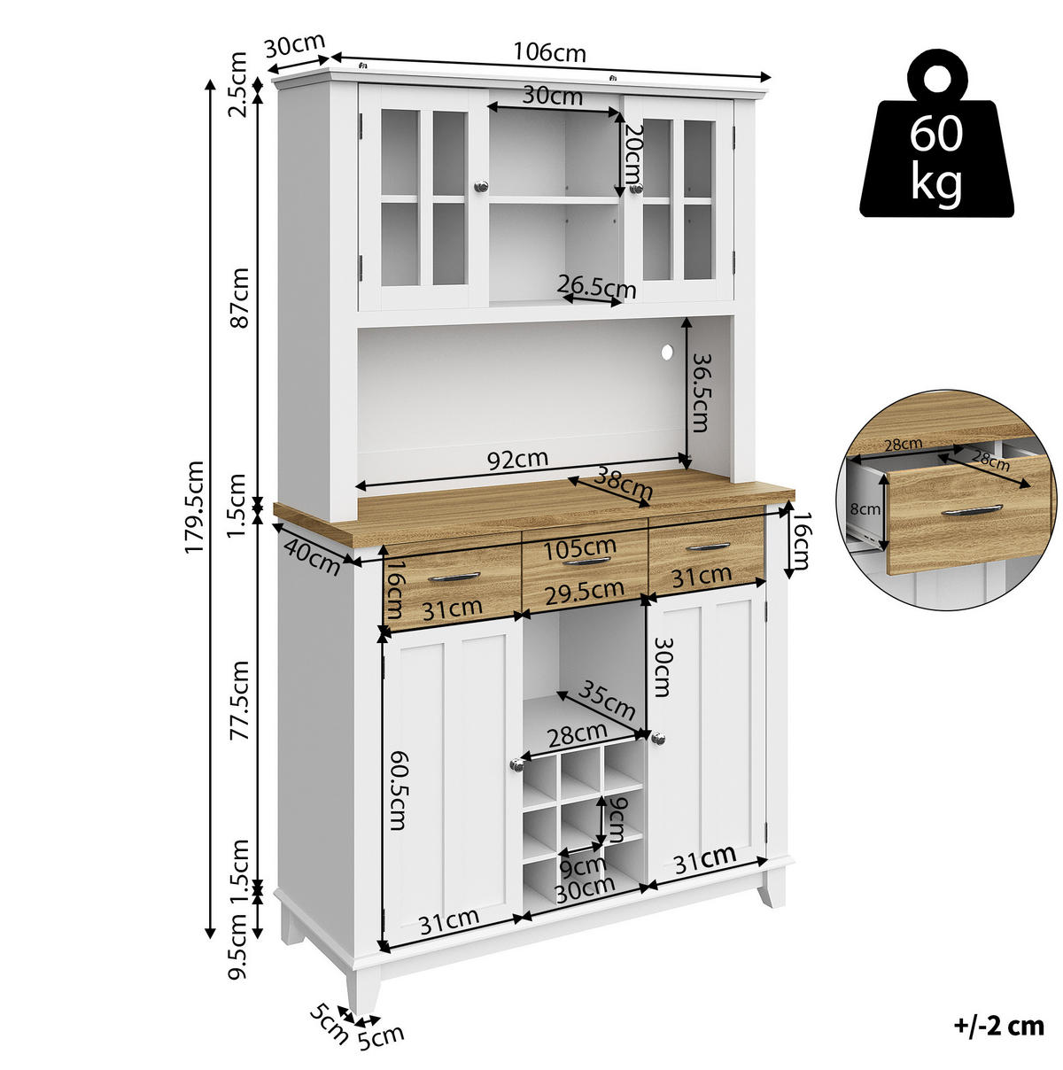 BUFFET 106/40/179,5 cm aus MDF mit LED-Beleuchtung und Weinregal Weiß - Weiß, Holzwerkstoff (106/179.5/40cm) - Modenvie