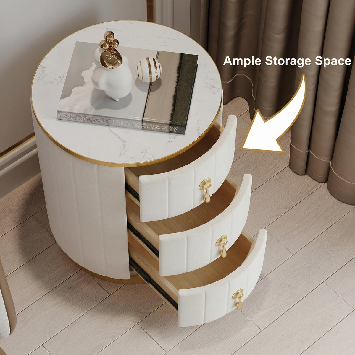 NACHTTISCH 40/52,5/40 cm Weiß aus MDF, Metall und Samt mit 3 Schubladen - Weiß, Holzwerkstoff (40/52.5/40cm) - OKMYHOME
