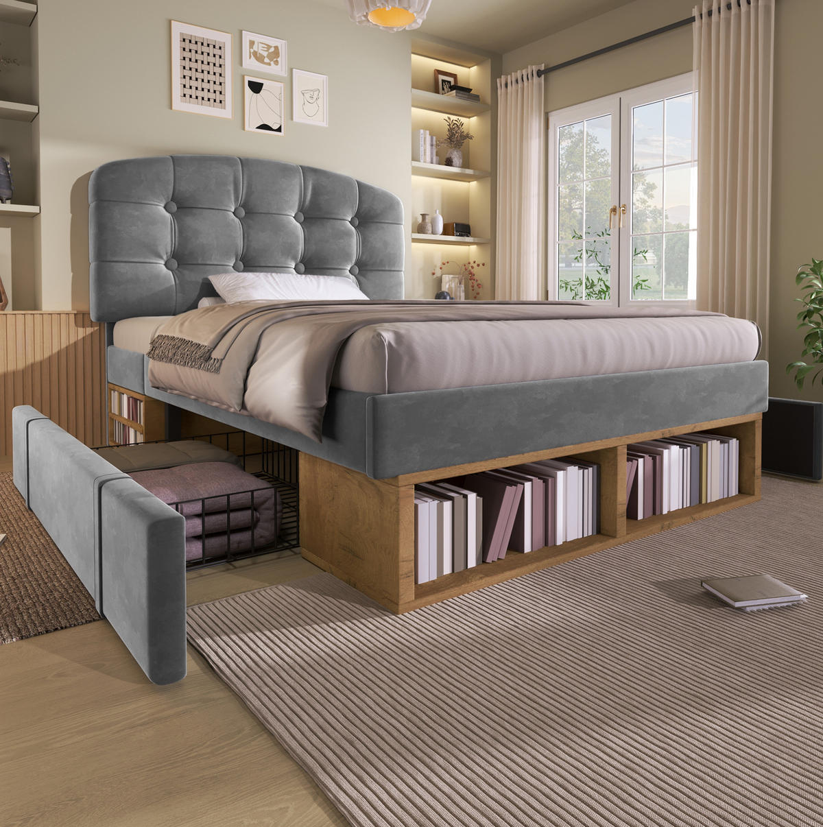 BETT mit Schubladen und Stauraum 90x200 cm Samt Grau - Grau, Metall (90/200cm) - Meubliv