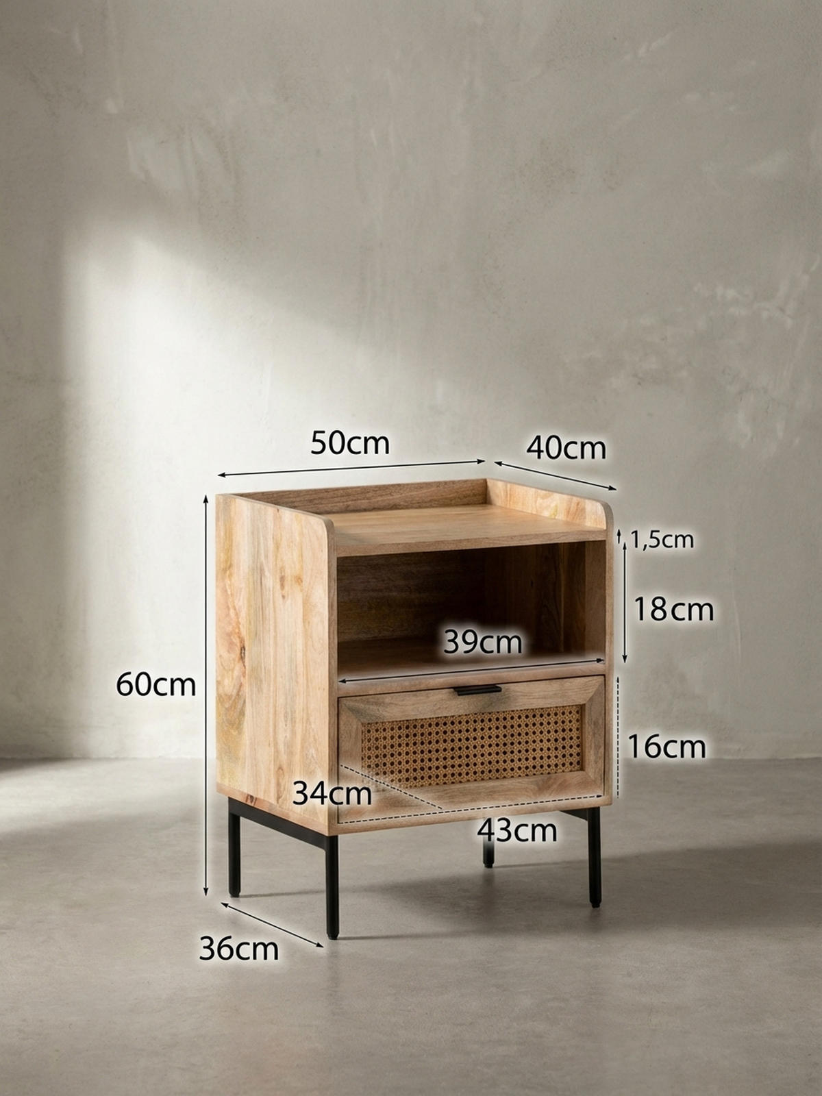 NACHTTISCH – Mango Massivholz/Rattan, 50x60x40 cm, 1 Schublade, Wiener Geflecht - Schwarz/Braun, Holz/Metall (50/60/40cm) - KADIMA DESIGN